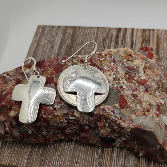 Southwest Stamped Cross Earrings in Sterling Silver - Picture 3 of 4